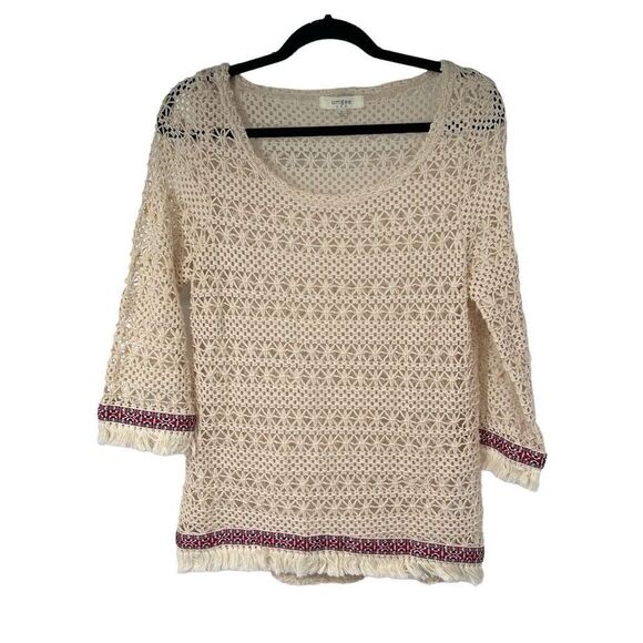 Umgee Cream Loose Knit Fringe‎ Trim Top - Picture 1 of 8